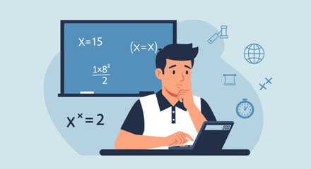 Thoughtful student with laptop studying math in front of a chalkboard problems and equations