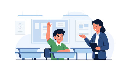 Illustration of a classroom scene with a teacher and a student raising hand