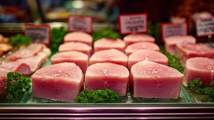Tuna steaks in a display case are arranged on greenery under signs in a welllit market setting