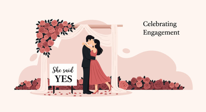 Illustration of a couple celebrating engagement under a floral arch with a 'she said yes' sign
