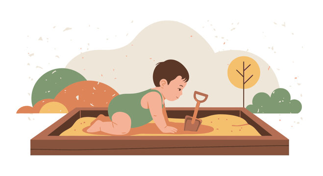 Toddler Crawling In Sandbox With Shovel On Playground In Nature Background - Powered by Adobe