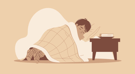 Tranquil Slumber Young Man Under Blanket Cozy Bedroom Read Bedtime Story