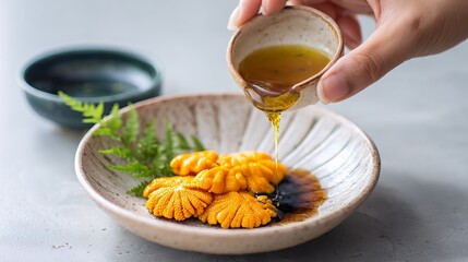Uni dish golden uni sauce fern and small bowl Sauce is drizzled from a cup held by a hand