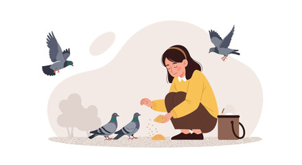 Illustration of a kind woman feeding pigeons in a park with peaceful atmosphere