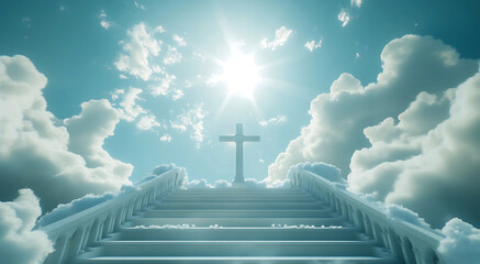 White Stairway to Heaven with Cross and Bright Sun in Cloudy Sky stairs religious