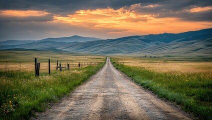 Naklejka premium A country road stretches into a golden sunset over rolling hills.