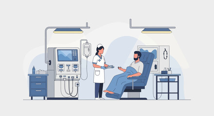 Hemodialysis Procedure Scene With Patient And Nurse In A Modern Hospital Room