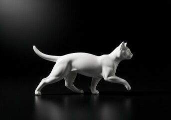 Fototapeta premium Elegant white ceramic cat sculpture walking gracefully on black background minimalist feline statue with smooth glossy surface side view of art piece 