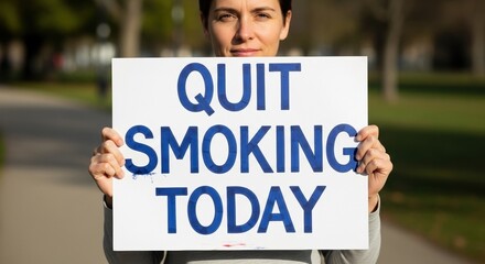 Woman holding a "QUIT SMOKING TODAY" sign outdoors, symbolizing public health, anti-smoking campaigns, and personal well-being.