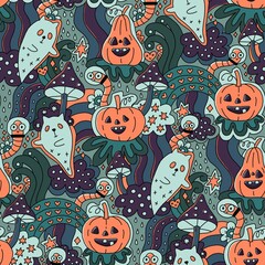 Cute Halloween pattern with smiling pumpkins, ghost cats, worms, rainbows, and mushrooms in a playful, spooky style