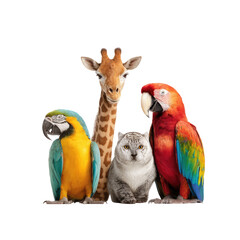 Group of animals, giraffe, parrot, cat