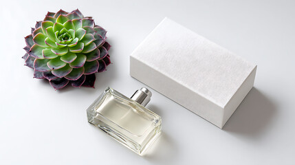 Elegant glass perfume bottle and succulent plant with white gift box fragrance