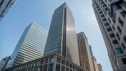 Tall modern glass and concrete skyscrapers against blue sky modern architecture glass buildings