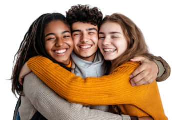 PNG Real hugging freshmen students friends happy togetherness.