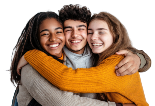 PNG Real hugging freshmen students friends happy togetherness.