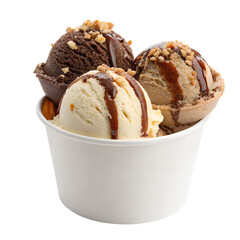 Photo of three scoops of gourmet ice cream in a white paper cup with chocolate caramel and nuts topping isolated isolated on transparent background
