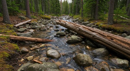 Scenic Forest Stream with Fallen Log and Smooth Rocks, Perfect for Hiking and Nature Photography