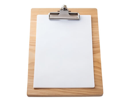 Wooden clipboard with blank white paper isolated on transparent background