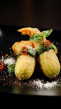 Fried Zucchini Flowers with Pesto and Chili. A delicious Italian appetizer, Fiori di Zucca Fritti, served on a black plate. Gourmet vegetarian dish.