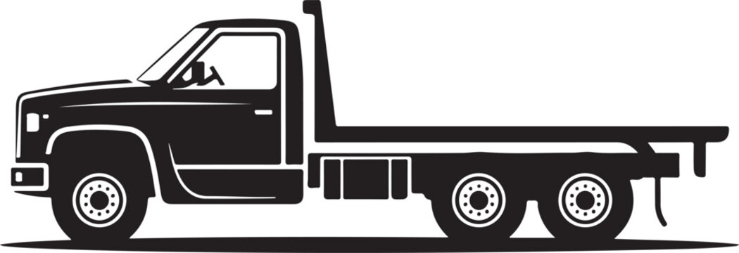 Monochrome silhouette of a heavyduty flatbed truck in side profile view