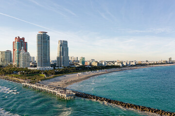 Aerial view of South Pointe Park Pier, beach and waterfront high-rises in South Beach, Miami, Florida, USA