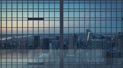 Obraz premium Modern skyscraper interior overlooking city skyline at dusk office