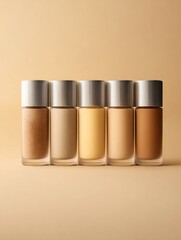 Minimal Foundation Bottles in Neutral Shades Arranged Thoughtfully on a Light Background Emphasizing Color Diversity for Beauty Enthusiasts