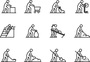 Set of 12 vintage line art icons depicting various manual labor and household chores
