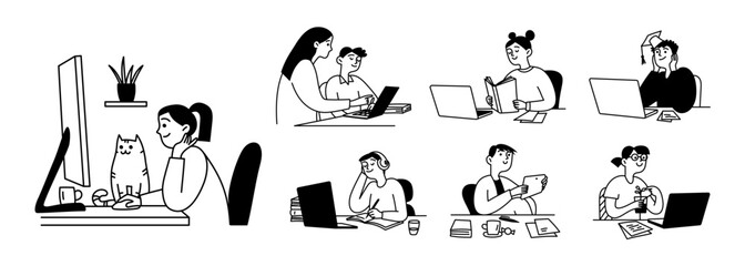 Doodle set of people, boy and girl, schoolchildren. Online education. Gadget, widget, technology. Vector isolated illustration