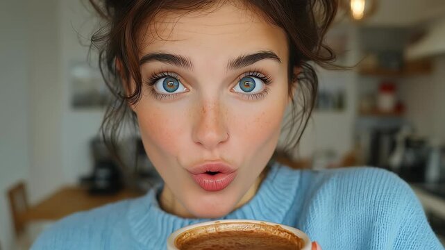 Young woman with expressive eyes drinking coffee in soft lighting, perfect for lifestyle blogs, coffee shop ads and cozy morning storytelling, 4K, motion.