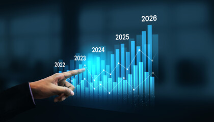 Business bar chart and line graph showing yearly business growth from 2022 to new year 2026,...