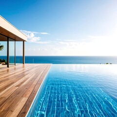 Obraz premium Modern home overlooking ocean pool