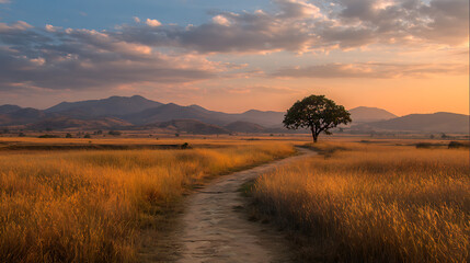 Obraz premium Golden field path leading to solitary tree against mountain backdrop at sunset landscape mountains