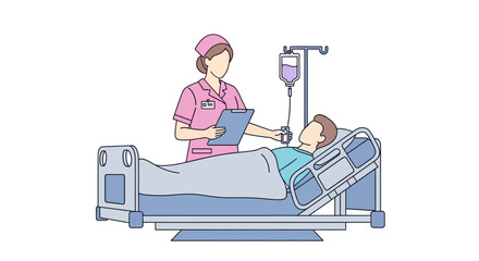 Nurse Attending to Patient in Hospital Bed, Healthcare Illustration