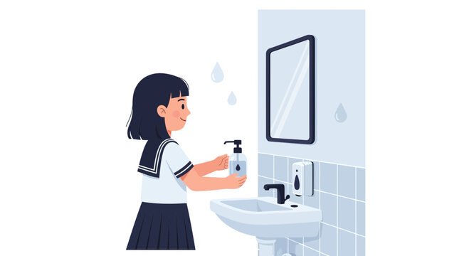 Schoolgirl Washing Hands With Soap For Hygiene And Disease Prevention - Powered by Adobe