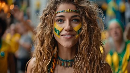 Laughing young Brazilian woman wearing headband with flag paint during street carnival, festive and energetic celebration of Brazilian culture and freedom, 4K, motion.