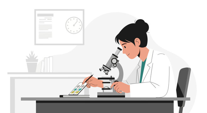 Scientist Woman Conducts Research In A Laboratory With A Microscope And Tablet