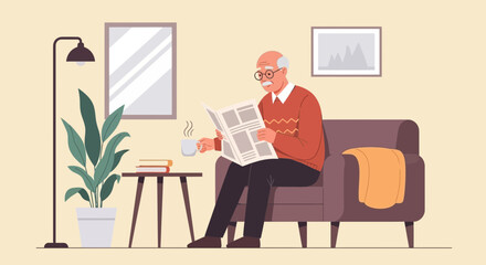 Senior Man Relaxing At Home Reading Newspaper And Drinking Coffee