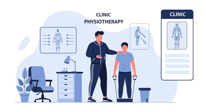 Professional Physiotherapist Supervising Patient During Exercise At A Modern Clinic