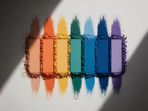 Vibrant rectangular powder blocks creating bold shadows over white background