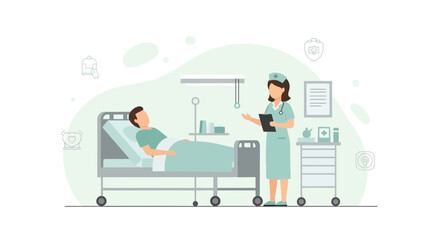Nurse Explaining Treatment Plan to Patient in Hospital Bed Illustration