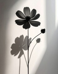 Cosmos Flower Silhouette Casting Shadow on White Wall in a Minimalist Style
