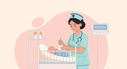 Nurse Gives Milk To Newborn In Hospital Baby Care Illustration Design