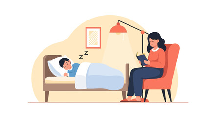 Fototapeta premium Quiet Evening Reading Time While Son Is Sleeping Peacefully At Home