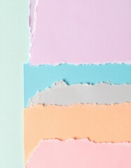 Abstract Torn Pastel Paper Collage of Violet Peach Mint Aqua and Gray Background