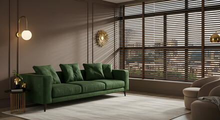 Elegant living room with big window wall behind wooden blinds, comfortable green sofa, carpet and decorative gold wall lamp