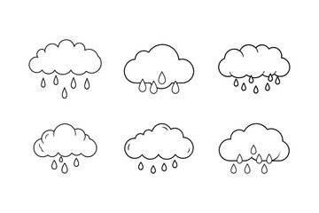 A set of cloud with falling drops line art vector illustration