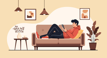 Relaxed Young Man Enjoying Digital Tablet on Couch at Cozy Home