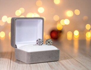 Sparkling Diamond Earrings in Gray Velvet Box with Golden Bokeh Background