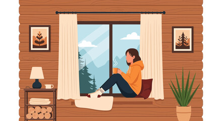 Relaxing Moment With Hot Drink By The Window In Cozy Wooden Cabin